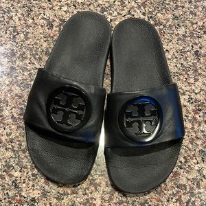 Tory Burch logo’d leather slides